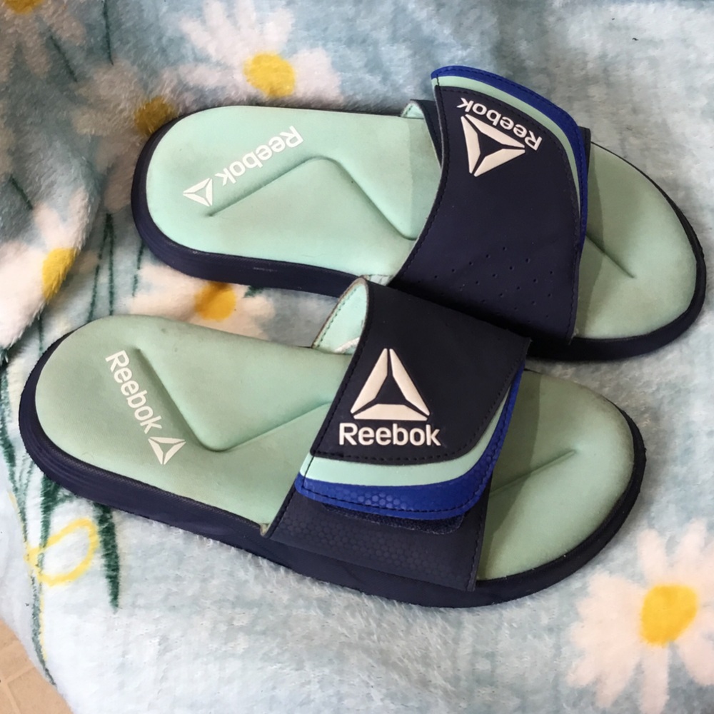 Reebok Navy and Mint Slide Sandals with Blue Accent